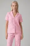 Ekose Fiyonk Desenli Kısa Kollu Pijama Takımı Kadın Düğmeli Uzun Alt Pembe Pijama Takımı 4633 - Görsel 2