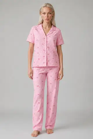 Ekose Fiyonk Desenli Kısa Kollu Pijama Takımı Kadın Düğmeli Uzun Alt Pembe Pijama Takımı 4633 - 3