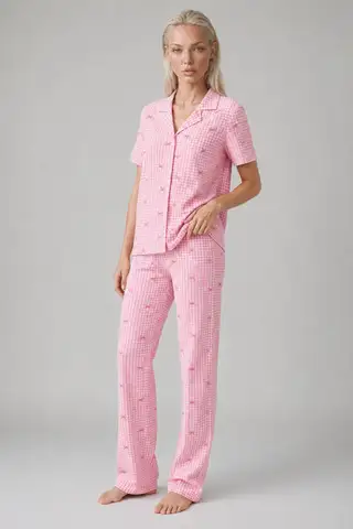 Ekose Fiyonk Desenli Kısa Kollu Pijama Takımı Kadın Düğmeli Uzun Alt Pembe Pijama Takımı 4633 - 4