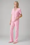Ekose Fiyonk Desenli Kısa Kollu Pijama Takımı Kadın Düğmeli Uzun Alt Pembe Pijama Takımı 4633 - Görsel 4