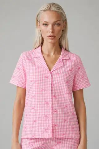 Ekose Fiyonk Desenli Kısa Kollu Pijama Takımı Kadın Düğmeli Uzun Alt Pembe Pijama Takımı 4633 - 5