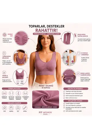 Göğüs Toparlayıcı Dikişsiz Seamless Büstiyer Korse – Kalın Askılı Pedsiz Balensiz Toparlayıcı Sütyen 5050 Gül Kurusu - 5
