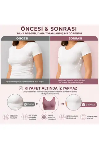 Göğüs Toparlayıcı Dikişsiz Seamless Büstiyer Korse – Kalın Askılı Pedsiz Balensiz Toparlayıcı Sütyen 5050 Gül Kurusu - 6