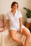 Renkli Kalp Desenli Düğmeli Şortlu Pijama Takımı 4610 -Kırık Beyaz - Görsel 1