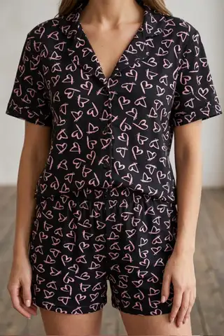Renkli Kalp Desenli Düğmeli Şortlu Pijama Takımı 4610 -Kırık Beyaz - 11