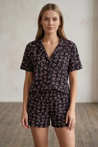 Renkli Kalp Desenli Düğmeli Şortlu Pijama Takımı 4610 -Kırık Beyaz - 13