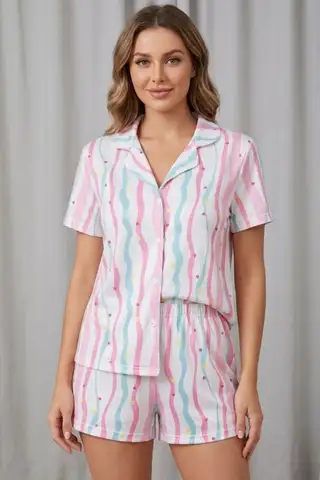 Renkli Kalp Desenli Düğmeli Şortlu Pijama Takımı 4610 -Kırık Beyaz - 16