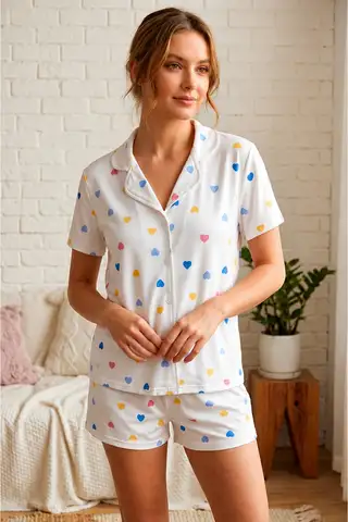 Renkli Kalp Desenli Düğmeli Şortlu Pijama Takımı 4610 -Kırık Beyaz - 3