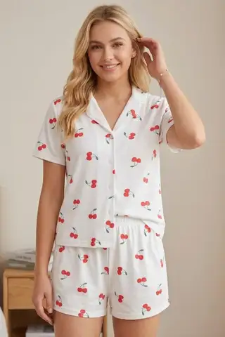 Renkli Kalp Desenli Düğmeli Şortlu Pijama Takımı 4610 -Kırık Beyaz - 8
