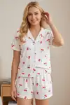 Renkli Kalp Desenli Düğmeli Şortlu Pijama Takımı 4610 -Kırık Beyaz - Görsel 8