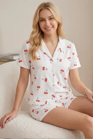 Renkli Kalp Desenli Düğmeli Şortlu Pijama Takımı 4610 -Kırık Beyaz - 9