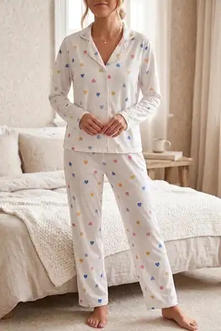 Renkli Kalp Desenli Uzun Kollu Pijama Takımı 4603 -Kar Beyaz - 2