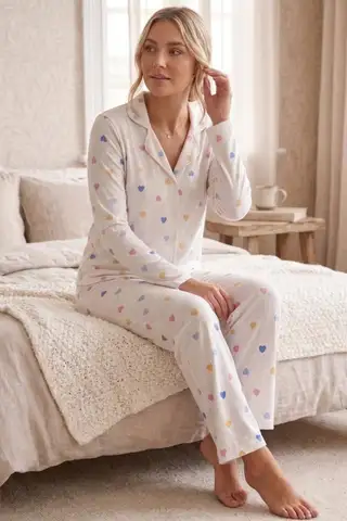Renkli Kalp Desenli Uzun Kollu Pijama Takımı 4603 -Kar Beyaz - 3