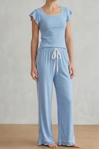 Fırfır Detaylı Bürümcük Kumaşlı Kısa Kollu Pijama Takımı 6022 Mavi - 1