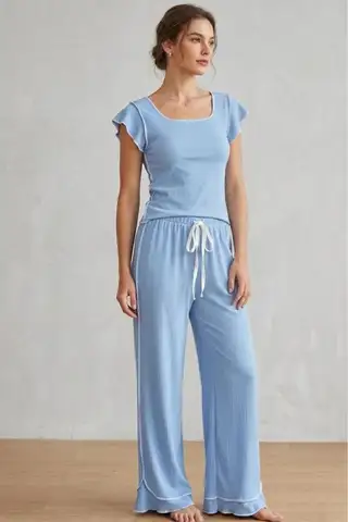 Fırfır Detaylı Bürümcük Kumaşlı Kısa Kollu Pijama Takımı 6022 Mavi - 3