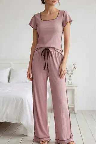 Fırfır Detaylı Bürümcük Kumaşlı Kısa Kollu Pijama Takımı 6022 Mavi - 4