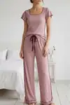 Fırfır Detaylı Bürümcük Kumaşlı Kısa Kollu Pijama Takımı 6022 Mavi - Görsel 4