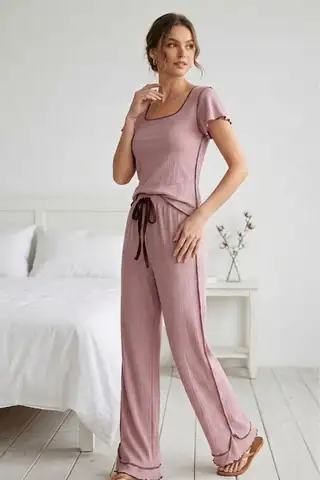 Fırfır Detaylı Bürümcük Kumaşlı Kısa Kollu Pijama Takımı 6022 Mavi - 5