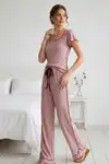 Fırfır Detaylı Bürümcük Kumaşlı Kısa Kollu Pijama Takımı 6022 Mavi - Görsel 5