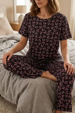 Siyah Kalp Desenli Kısa Kollu Pijama Takımı 4595 - 1