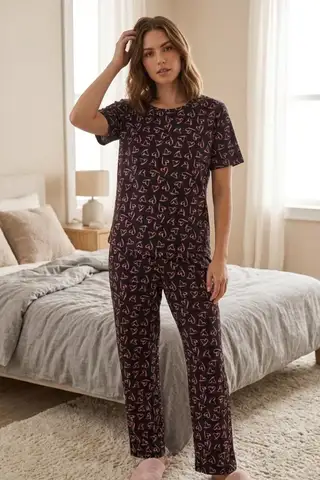 Siyah Kalp Desenli Kısa Kollu Pijama Takımı 4595 - 2