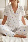 Renkli Kalp Desenli Düğmeli Kısa Kollu Pijama Takımı 4591 Kar Beyaz - Görsel 1