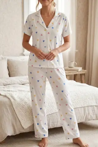 Renkli Kalp Desenli Düğmeli Kısa Kollu Pijama Takımı 4591 Kar Beyaz - 2