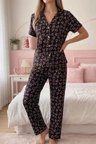 Renkli Kalp Desenli Düğmeli Kısa Kollu Pijama Takımı 4591 Kar Beyaz - 13