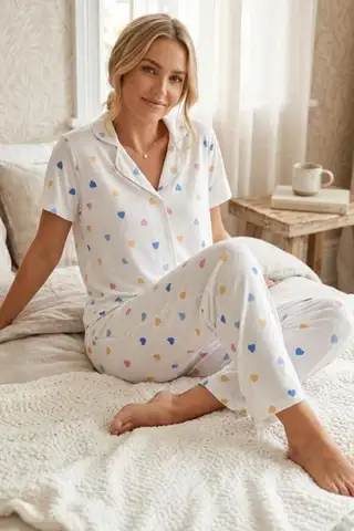 Renkli Kalp Desenli Düğmeli Kısa Kollu Pijama Takımı 4591 Kar Beyaz - 3