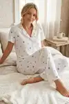 Renkli Kalp Desenli Düğmeli Kısa Kollu Pijama Takımı 4591 Kar Beyaz - Görsel 3