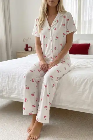 Renkli Kalp Desenli Düğmeli Kısa Kollu Pijama Takımı 4591 Kar Beyaz - 6
