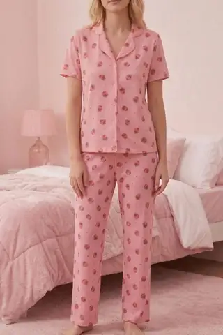 Renkli Kalp Desenli Düğmeli Kısa Kollu Pijama Takımı 4591 Kar Beyaz - 9