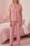 Renkli Kalp Desenli Düğmeli Kısa Kollu Pijama Takımı 4591 Kar Beyaz - Görsel 9
