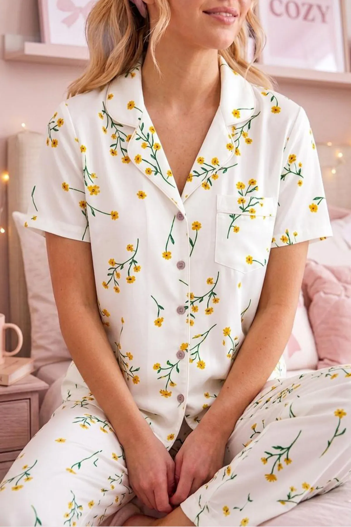 Çiçek Baskılı Bürümçük kumaş Kısa Kollu Pijama Takımı 6067 Çok Renkli