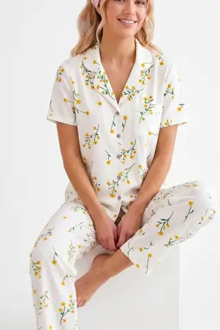 Çiçek Baskılı Bürümçük kumaş Kısa Kollu Pijama Takımı 6067 Çok Renkli - 2