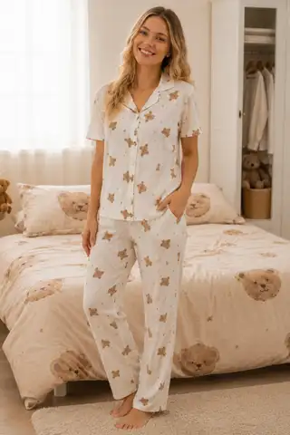 Çiçek Baskılı Bürümçük kumaş Kısa Kollu Pijama Takımı 6067 Çok Renkli - 14