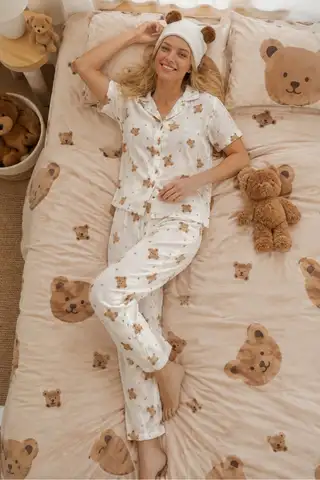 Çiçek Baskılı Bürümçük kumaş Kısa Kollu Pijama Takımı 6067 Çok Renkli - 15