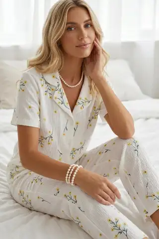 Çiçek Baskılı Bürümçük kumaş Kısa Kollu Pijama Takımı 6067 Çok Renkli - 3