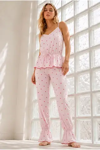 Kadın Ev Konforlu Lastikli Bel Pembe Pijama Takımı - 1