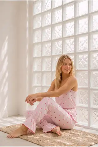 Kadın Ev Konforlu Lastikli Bel Pembe Pijama Takımı - 2