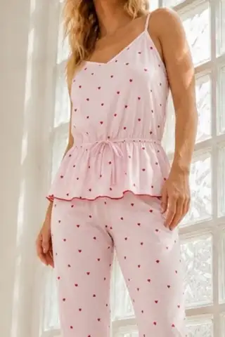Kadın Ev Konforlu Lastikli Bel Pembe Pijama Takımı - 3