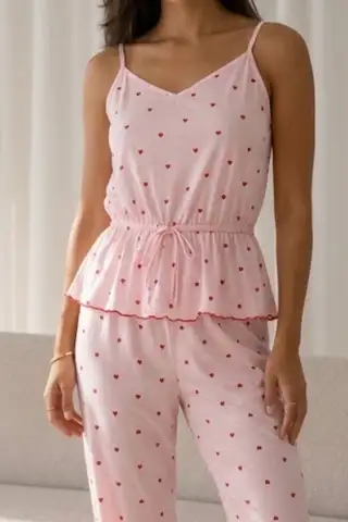 Kadın Baskılı Bağcıklı 2 Parça Pembe Pijama Takımı - 3