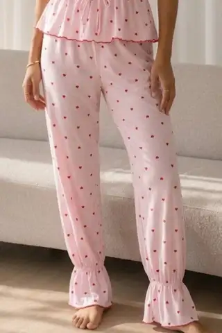 Kadın Baskılı Bağcıklı 2 Parça Pembe Pijama Takımı - 4