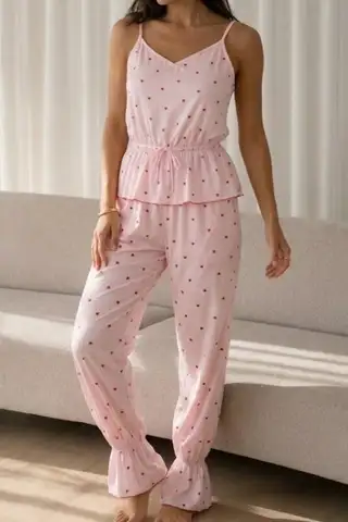 Kadın Baskılı Bağcıklı 2 Parça Pembe Pijama Takımı - 6