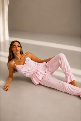 Kadın Viskoz Ayarlanabilir Bel Pembe Pijama Takımı - 2
