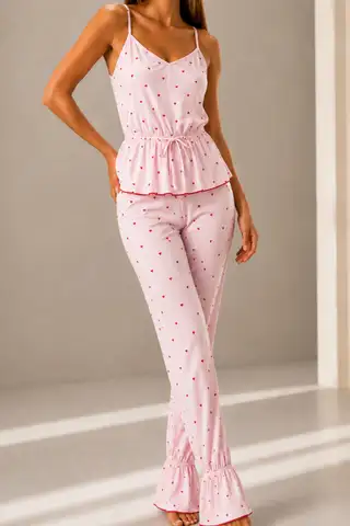 Kadın Viskoz Ayarlanabilir Bel Pembe Pijama Takımı - 3