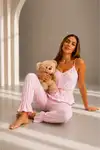 Kadın Viskoz Ayarlanabilir Bel Pembe Pijama Takımı - Görsel 4