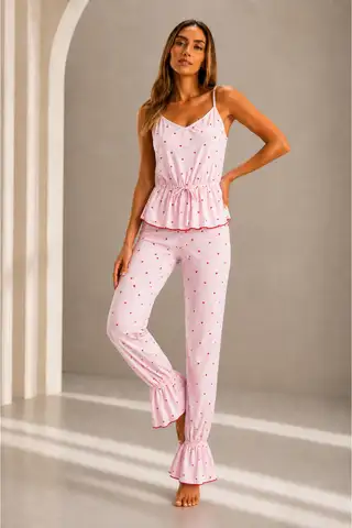 Kadın Viskoz Ayarlanabilir Bel Pembe Pijama Takımı - 5