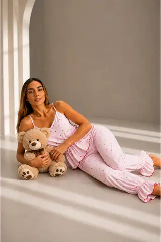 Kadın Viskoz Ayarlanabilir Bel Pembe Pijama Takımı - 6