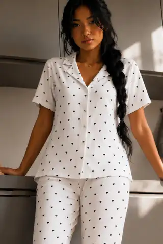 Kadın Zarif Yaka Dokulu Ferah Kar Beyaz Pijama Takımı - 3